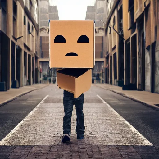 Prompt: cardboard box head guy walking in an empty street