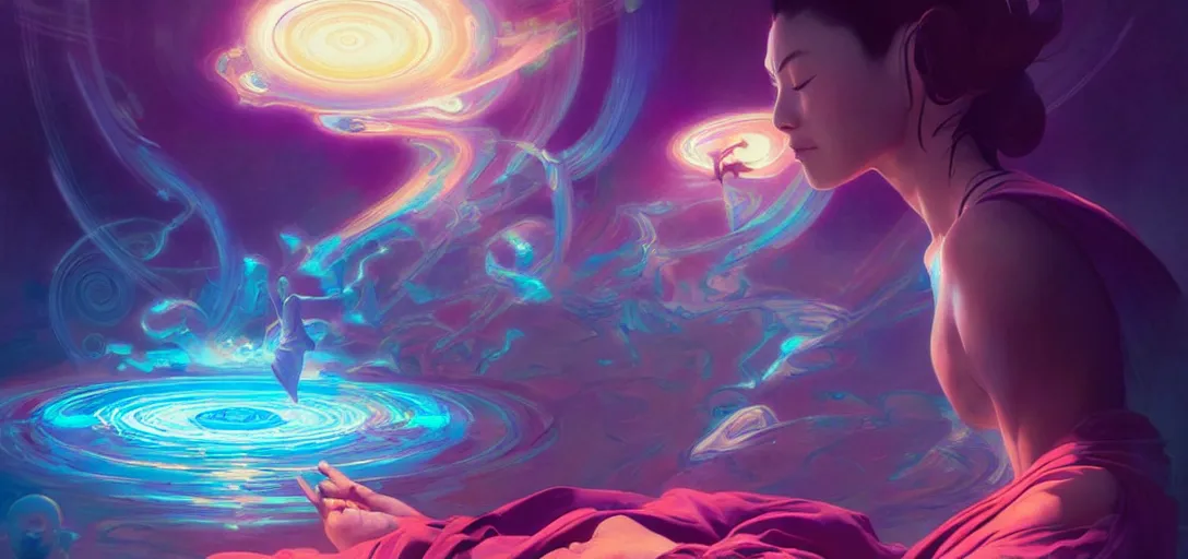 Image similar to a floating monk meditating, channeling swirling energy, wearing netrunner clothing, vaporwave aesthetic, colorful, psychedelic, digital painting, artstation, concept art, smooth, sharp focus, illustration, art by artgerm and greg rutkowski and alphonse mucha