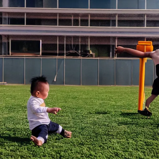 Prompt: Adult Justin Sun kicking a baby through a field goal, professional football photography, flying baby