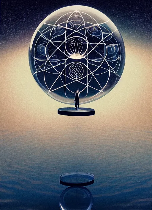 Image similar to transparent horizontally centered crystal sphere floating over a serene lake, tree of life inside the ball, intricate details, radiant light, reflections on the water, ripples, moody sky, hyperdetailed illustration by yuumei, by mark brooks, john harris, artstation, low global light, coherent composition