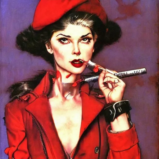 Prompt: Muscular and scary urban female vampire with a red coat and beret, by Norman Rockwell and Robert McGinnis.