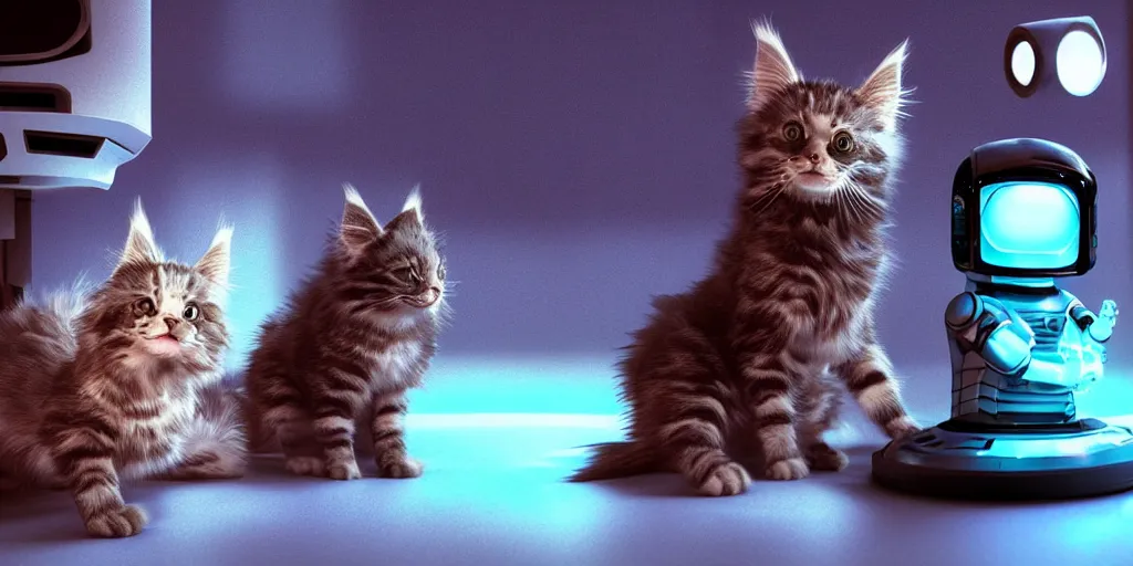 Image similar to a 3 d rendered movie still a cute robotic kitten with rgb ambient lighting implants. the robot maine coon kitten. in the background is a cyberpunk cat tree with rgb dramatic lighting. science fiction blockbuster movie from the future, imax 7 0 mm. octane 3 d render, style of mandalorian ( american space western television series )