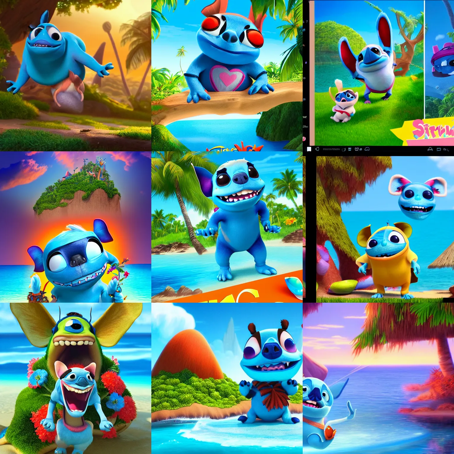 Prompt: screenshot of stitch movie in a paradisiac island, trending on artstation, dysney artist