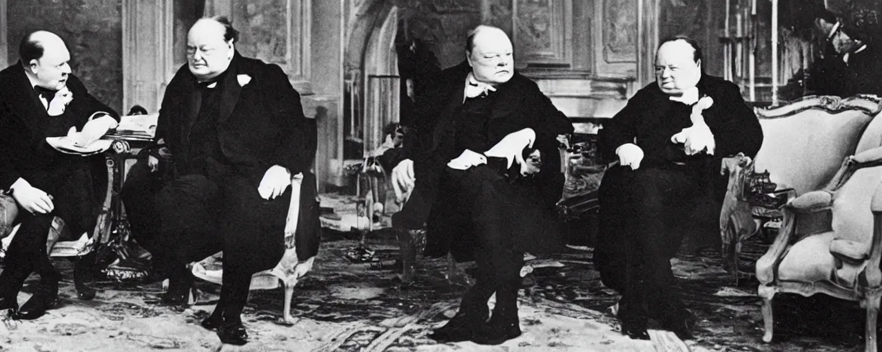 Prompt: Winston Churchill talking to Napoleon Bonaparte, vintage photo