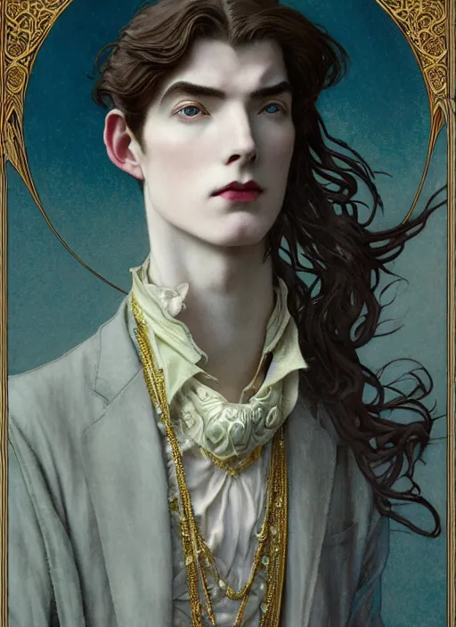 Image similar to edmund dulac, leyendecker, highly detailed portrait, a beautiful androgynous lee jong suk, long hair, tall and thin, wearing several pendants, art nouveau, stephen bliss, unreal engine, by greg rutkowski, loish, ferdinand knab, ilya kuvshinov, rossdraws, tom bagshaw, alphonse mucha, global illumination, radiant light