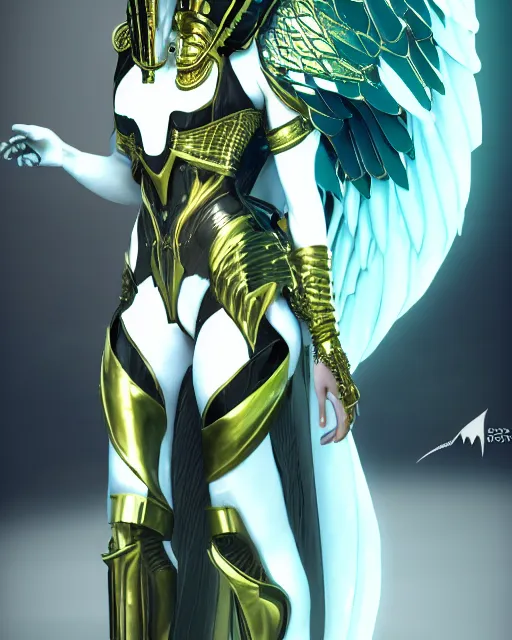 Prompt: sultry egyptian queen wearing white dove wings, warframe armor, regal, attractive, ornate, sultry, elize theron, pretty face, green eyes, scifi platform, 4 k, ultra realistic, epic lighting, illuminated, cinematic, black gold, art by akihito tsukushi, voidstar