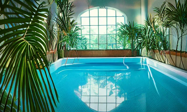 Prompt: indoor pool with ferns and palm trees, pool tubes, chromatic abberation, dramatic lighting, depth of field, 80s photo