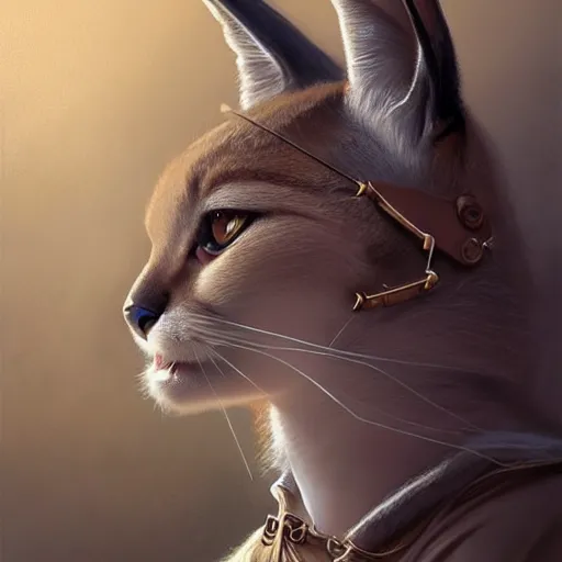 Image similar to portrait of a dystopian cute caracal wearing an outfit inspired by the handmaid ’ s tale ( 2 0 1 7 ), intricate, headshot, highly detailed, digital painting, artstation, concept art, sharp focus, cinematic lighting, digital painting, art by artgerm and greg rutkowski, alphonse mucha, cgsociety