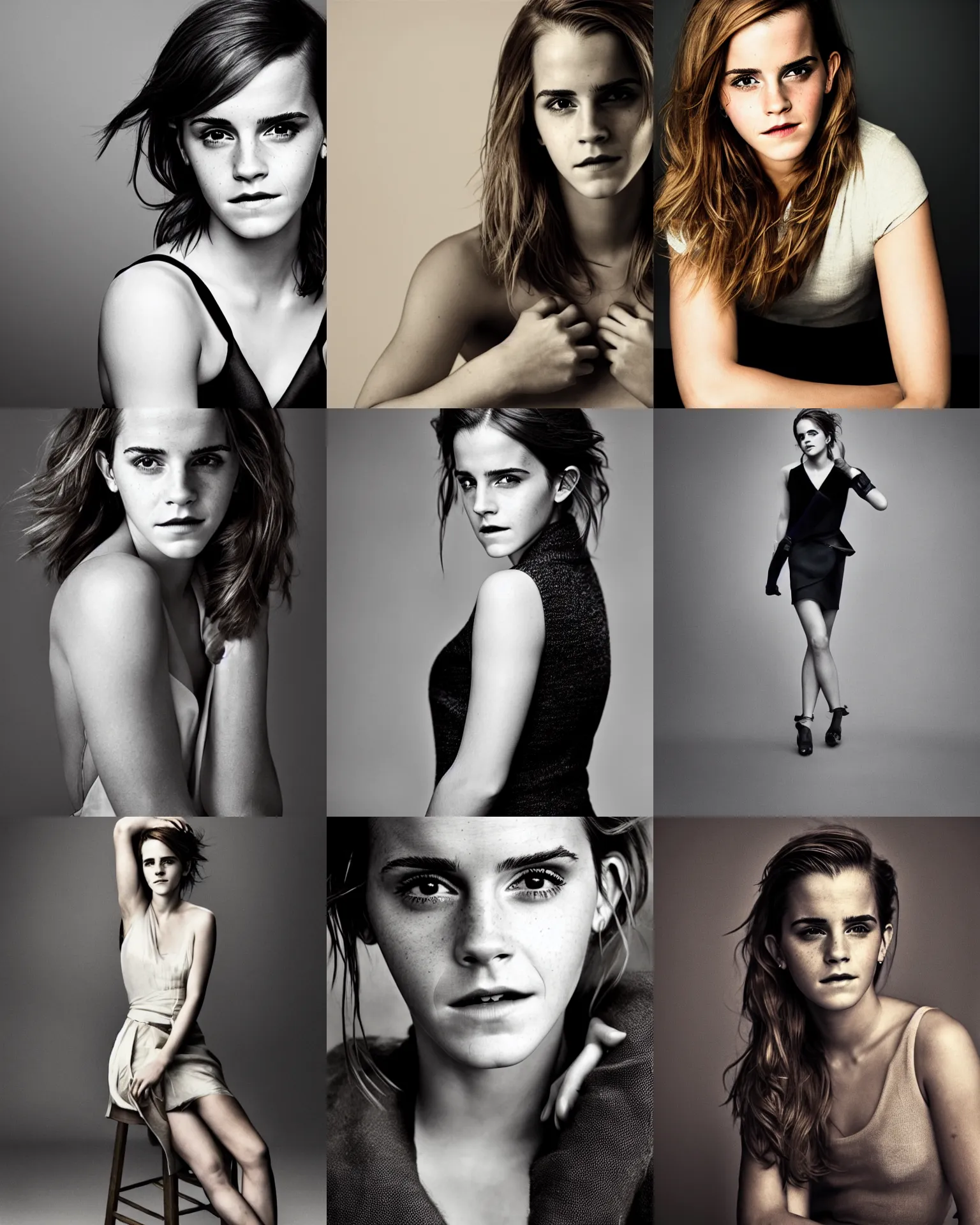 Prompt: Emma Watson professional studio photo by Annie Leibovitz, Peter Hurley, Steve Mccurry, for GQ, perfect face, full length shot, soft studio lighting, soft shadows, sharp focus, detailed, award-winning photography