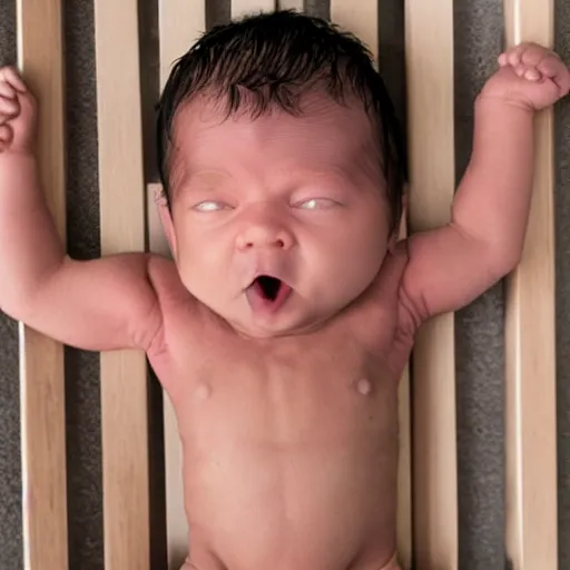 Prompt: extremely muscular bodybuilder newborn little baby in a crib, genetically engineered, rippling muscles, huge veins, bulging muscles, ripped, flexing, intense expression, award winning photography, high detail