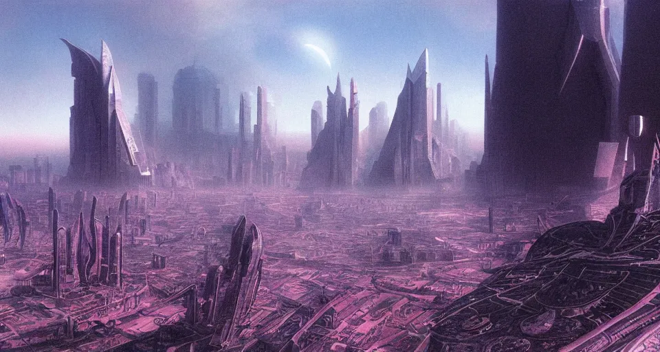 Image similar to view on futuristic city in the horizon, illustration by wayne barlowe, detailed, sharp, 8 k