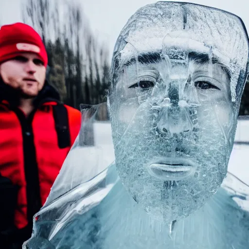 Image similar to see through clear sheet of ice in front of man face behind ice