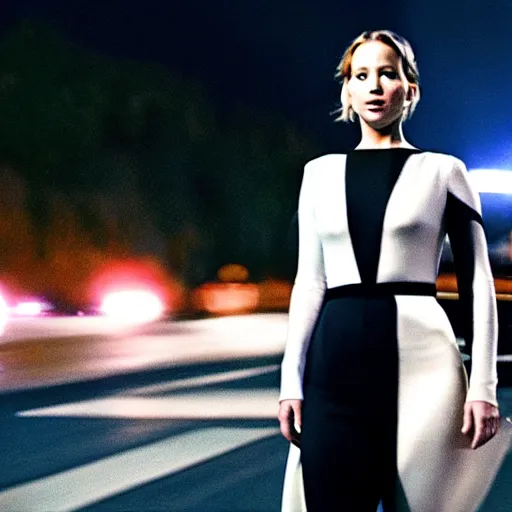 Prompt: cinematic jennifer lawrence standing in the street at night, color photography, sharp detail, confused, still from the movie speed racer