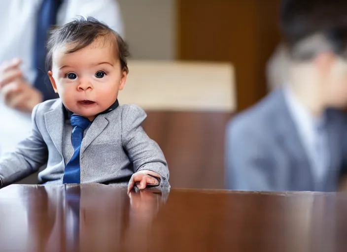 Prompt: a baby in a business suit sitting at the witness stand