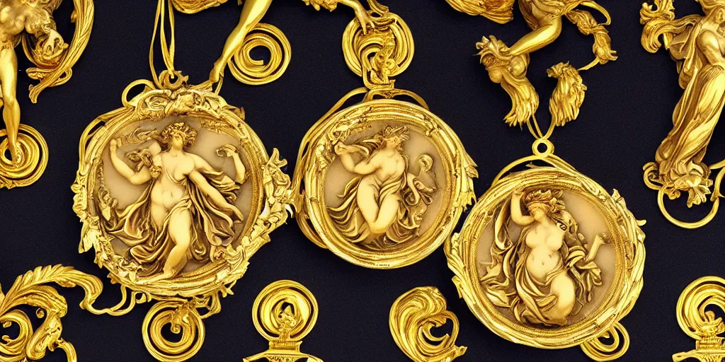 Image similar to Venus Athena beautiful gracious pagans baroque marble and gold medallions in space clouds winged angels greeks, baroque and rococo ornaments, decorative golden elements, ultrarealistic