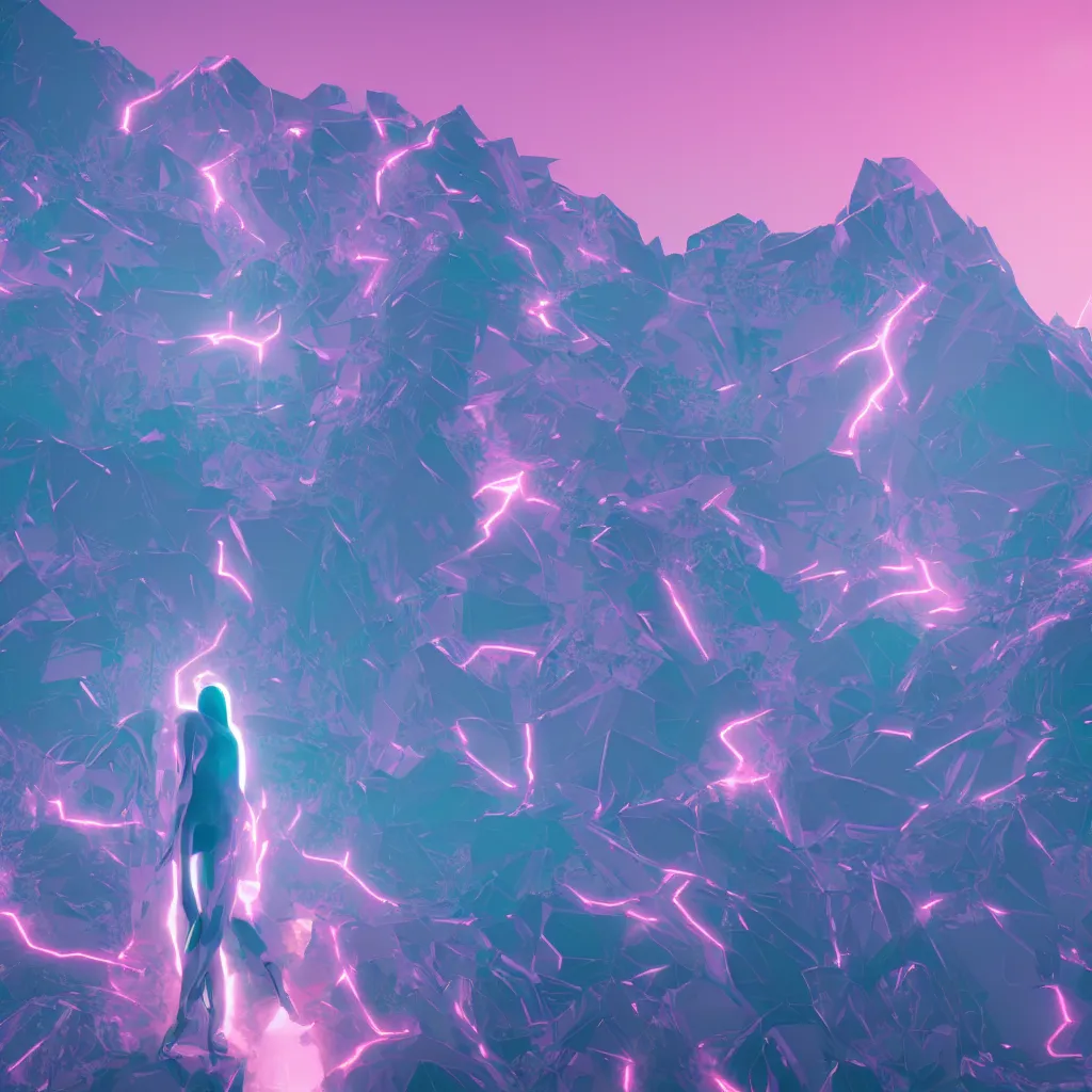 Image similar to manikin made of marble, fractal neon explosion revealing a portal to a vaporwave paracosm, mountains and city in background, rule of thirds, clean linework, dramatic, moody, introspective, cinematic, award winning, 4 k, trending on artstation, photorealistic, volumetric lighting, octane render