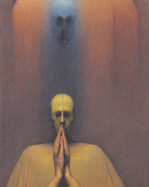 Image similar to man woman into one change and praying by beksinski, carrington, bosch, dali, barlowe, magritte