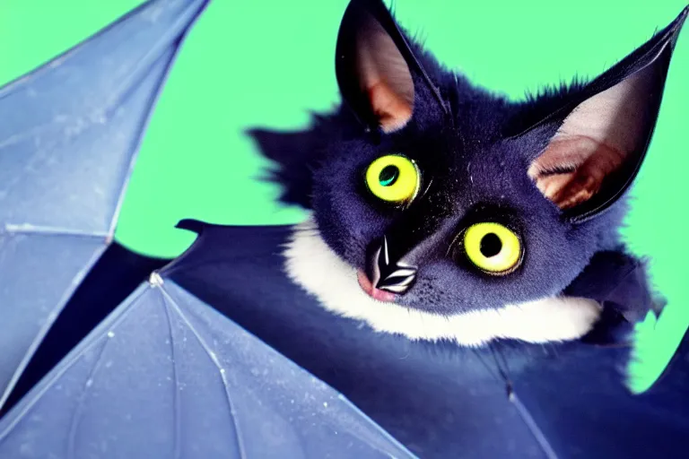 Image similar to a blue - and - black male catbat fursona with blue / green heterochromatic eyes ( differently - colored eyes, one green, one blue ) and huge bat ears, photo of the catbat streaming on his computer