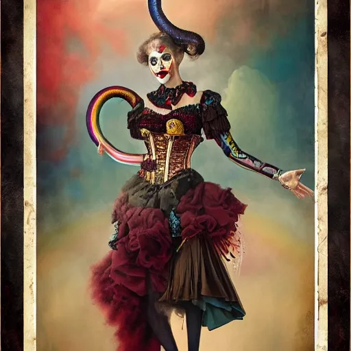 Image similar to photorealistic soft paint of a curiosities carnival, single beautiful clown in a full steampunk corset very long snakes hairs, symmetry accurate features, ominous depths, elegance, focus, rainbow lighting, very high details, award winning masterpiece, behance, by tom bagshaw