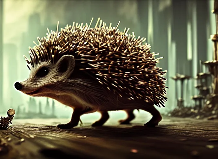 Prompt: intricate hedgehog with nails instead of needles, on the background of a weird magical mechanical forest. Very detailed 8k. Fantasy cyberpunk horror. Sharp. Cinematic post-processing. Unreal engine. Nanite. Ray tracing. Parallax. Tessellation