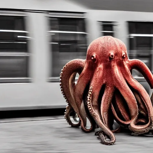 Image similar to of an octopus invading a train station, people are running away scared, shutter speed is 8 0,