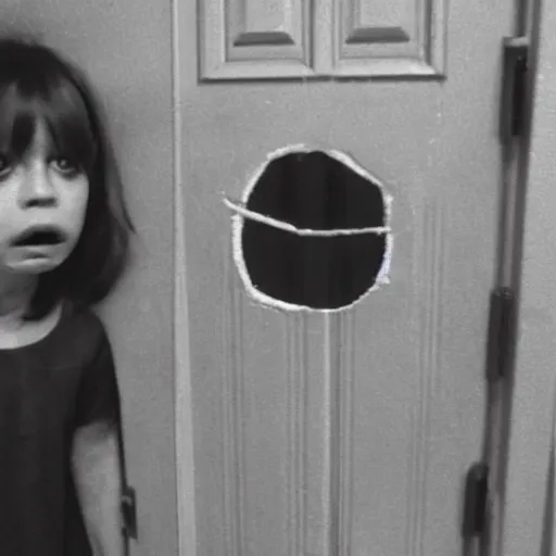 Prompt: children on halloween costumes at night, door eye cam footage, creepy, 8 mm, found footage