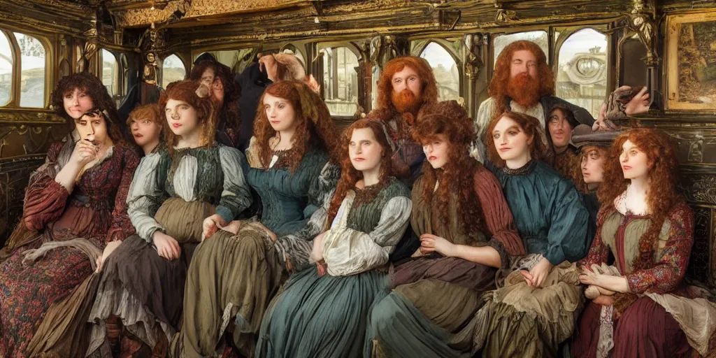 Image similar to detailed colour preraphaelite photograph group portrait of amazingly cool characterful people sat down extreme closeup, in the inside of the beautiful underwater train to atlantis, realistic and lifelike expressions, crowds of people sat down wearing unusual clothes, by william powell frith, 4 k