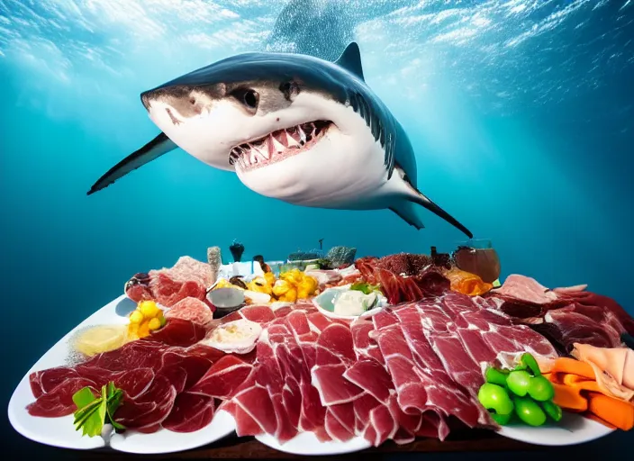 Prompt: underwater photo still of a great white shark eating a charcuterie platter at the bottom of the ocean, underwater lighting, light rays, bubbles, 8 k