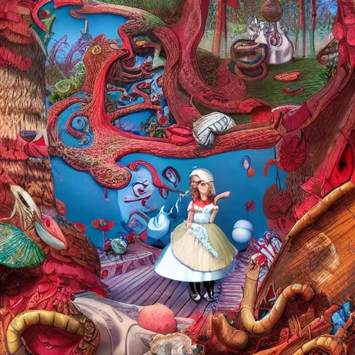 Image similar to recursive Alice in wonderland art. Highly detailed 4k warping in on itself image. Impossible shapes, Alice and the white rabbit chased by the red queen