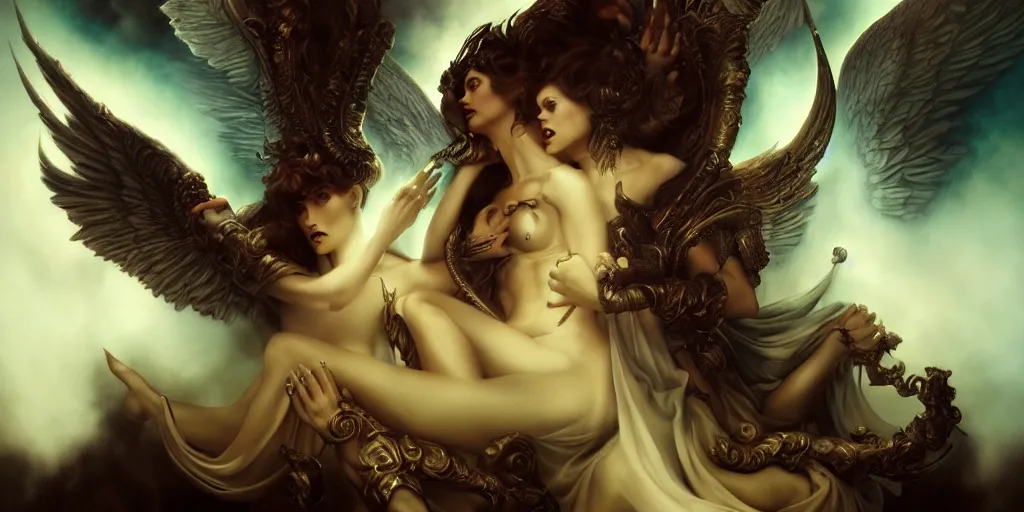 Image similar to Angels and demons, by Rolf Armstrong and Evelyn De Morgan and Bastien Lecouffe-Deharme, dramatic lighting, high contrast colors, baroque, empyrean, panoramic view, as trending on Artstation, highly detailed, doom engine,