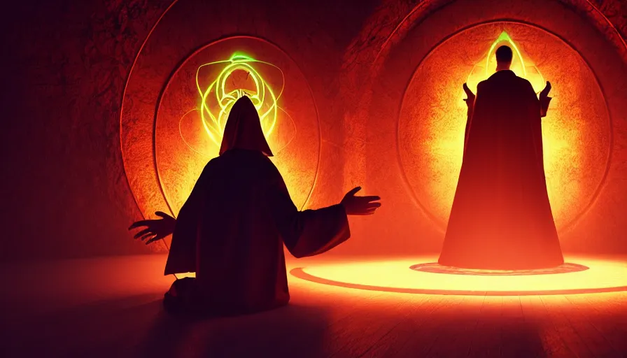 Image similar to an occult priest performs demonic ritual with magic and a glowing sigil in a fantastic temple, volumetric lighting, magical lighting, raytracing, dynamic lights and shadows, photorealistic render, digital art, wallpaper