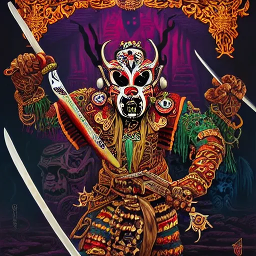 Image similar to barong family ancient sword with jewels, wiwek, mara demon, one single tribe member, jungle, one single mask, dark, ancient warrior, tribal, inner glow, art by dan mumford and justin gerard