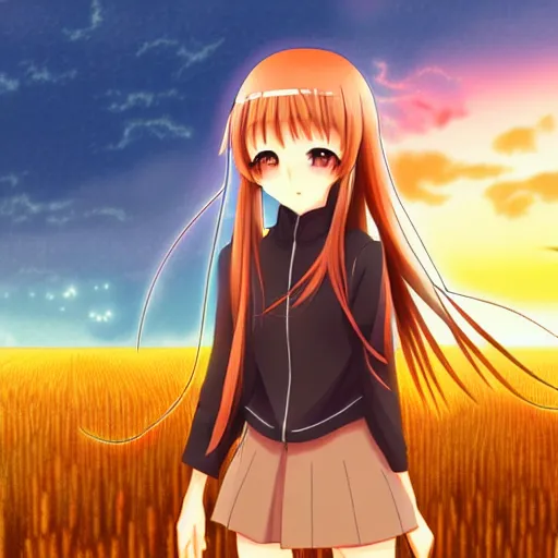 Image similar to anime illustration of Holo from Spice and Wolf standing in a wheat field at sunset, Holo is a wolf girl, high detail, trending on pixiv