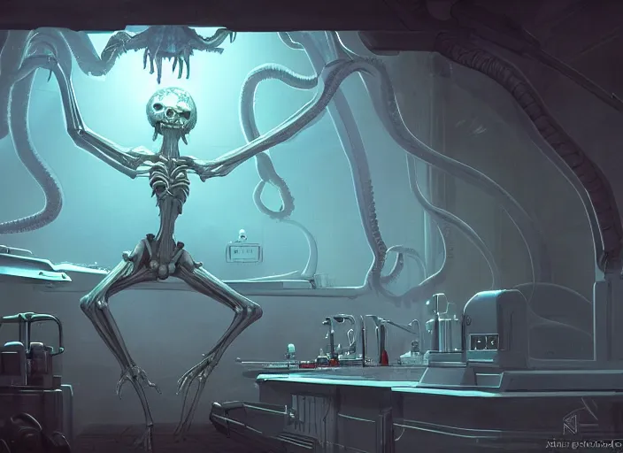 Prompt: science fiction laboratory with a muscular demon woman alien specimen with long boney limbs breaking out of its chamber in the style of ralph mcquarrie and glenn fabry, futuristic, tentacles and bones, transparent carapace, god rays, flooded station, artstation, cinematic lighting, foggy