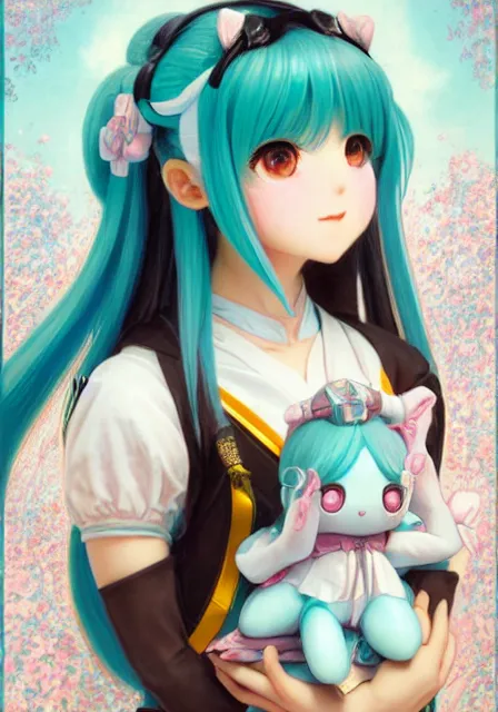 Image similar to hatsune miku holding cinnamoroll, pigtails, intricate, elegant, highly detailed, digital painting, artstation, concept art, smooth, sharp focus, illustration, art by artgerm and greg rutkowski and alphonse mucha and william - adolphe bouguereau