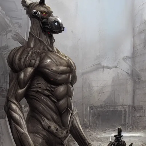 Prompt: a hyper - muscular anthropomorphized horse wearing a tactical bodysuit standing in the ruins of a facility, equine, highly detailed, digital painting, artstation, sharp focus, game art, concept art, illustration, art by artgerm, greg rutkowski