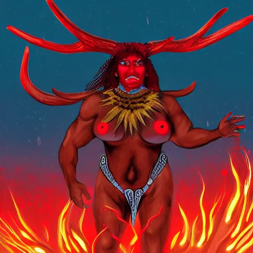 Image similar to digital illustration of a buff dark skinned woman, war face paint, shaman, red hair, antlers, character concept art + the background is a rain of fire + made by roger dean