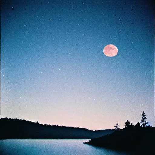 Prompt: photo, moonlit lake, 5 0 mm f / 1. 4, cinestill 8 0 0,