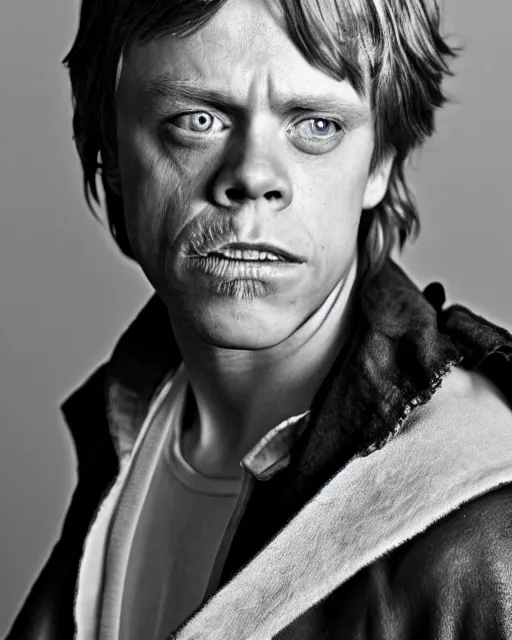 Image similar to very low angle high quality hyper realistic portrait of young mark hamill portraying luke skywalker, dark dramatic lighting, portrait realistic and insanely detailed, great composition, 8 k