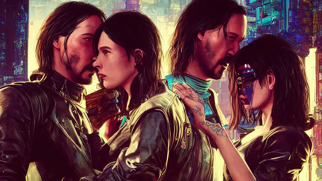 Image similar to a cyberpunk 2077 srcreenshot couple portrait of Keanu Reeves and female android final kiss,love,film lighting,by Laurie Greasley,Lawrence Alma-Tadema,Andrei Riabovitchev,Dan Mumford,John Wick,Speed,Replicas,artstation,deviantart,FAN ART,full of color,Digital painting,face enhance,highly detailed,8K,octane,golden ratio,cinematic lighting