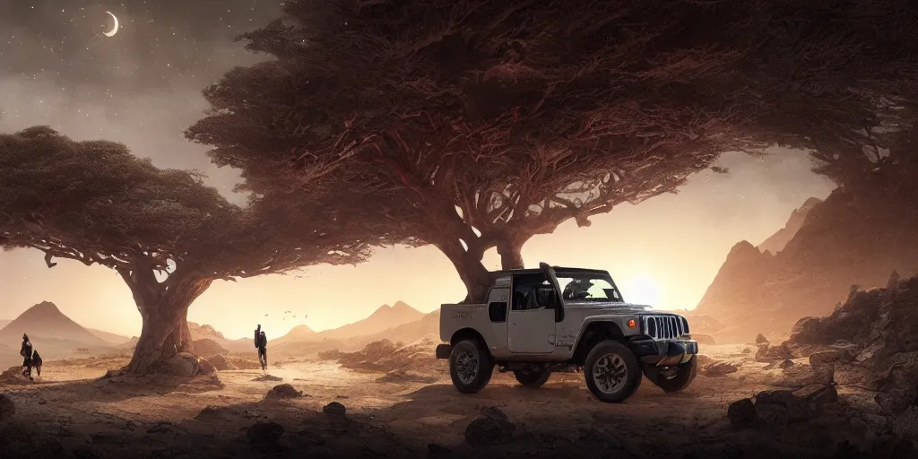 Image similar to mahindra thar riding through moonlit socotra island with dragon trees, starry night, chasing action scene, epic fantasy, sharp focus, trending on ArtStation, masterpiece, by Greg Rutkowski, by Ross Tran, by Fenghua Zhong, corona render, soft render, ultrarealistic, colorful, cinematic, shadow of the tomb rider