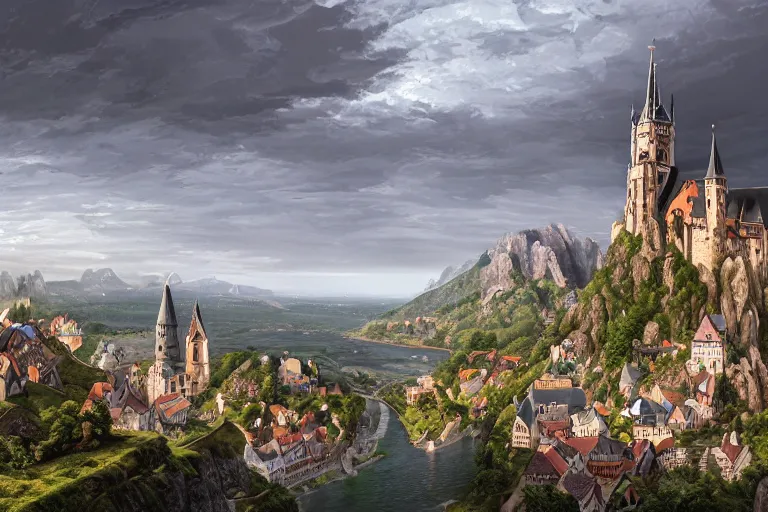 Image similar to an ultra detailed matte landscape painting of an german medieval capital city built into the side of a mountain, gothic architecture, sweeping vista, a large highway leading to tiny coastal fishing village very far away, ultrawide lens, aerial photography, 8 k, volumetric lighting, smooth, highly detailed, digital illustration, art by greg rutkowski and akira toriyama and artgerm