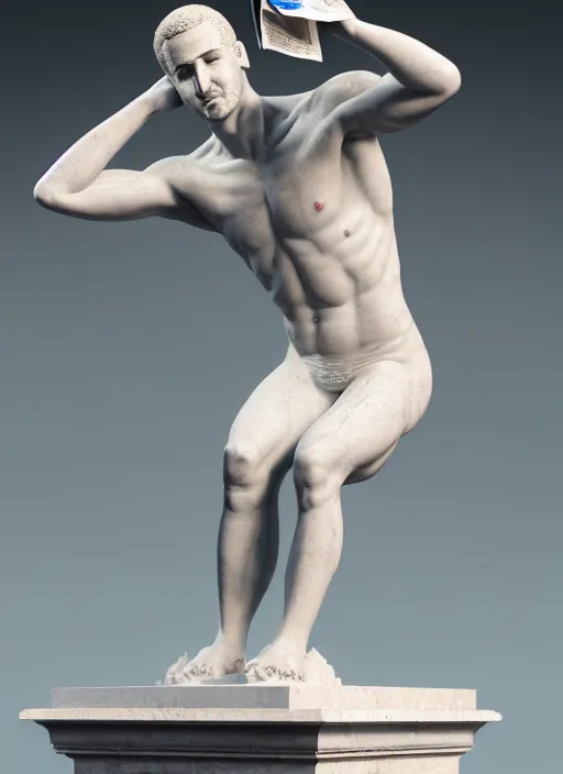 Prompt: a statue made of white marble with gold veins, of klay thompson reading the newspaper and petting his bulldog, full body shot, perfect symmetrical body, perfect symmetrical face, hyper realistic, hyper detailed, by johannen voss, by peter kemp, by monia merlo, by michelangelo, octane render, blender, 8 k