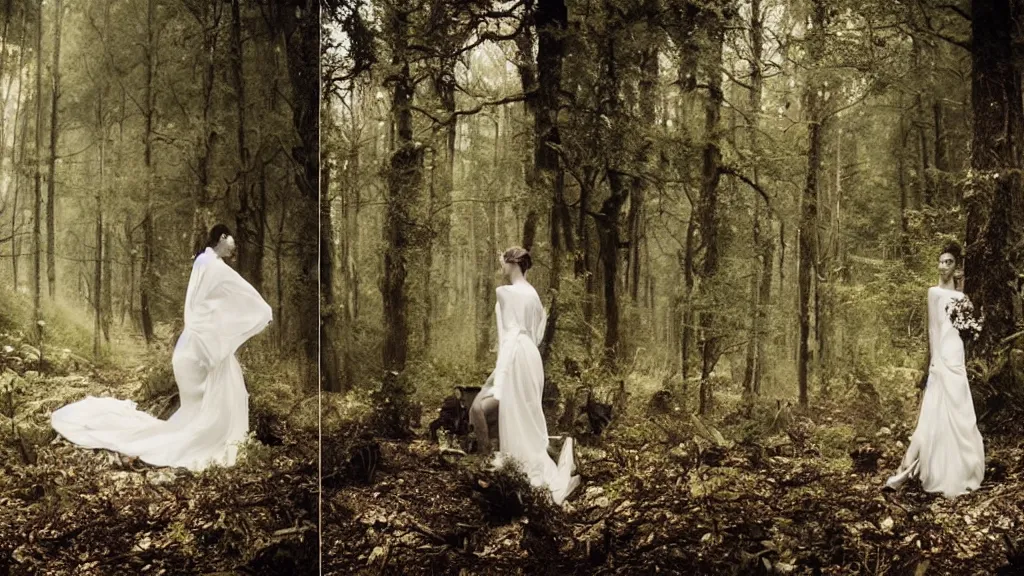 Image similar to surreal atmospheric vogue wedding photography in a forest by paolo roversi, realistic