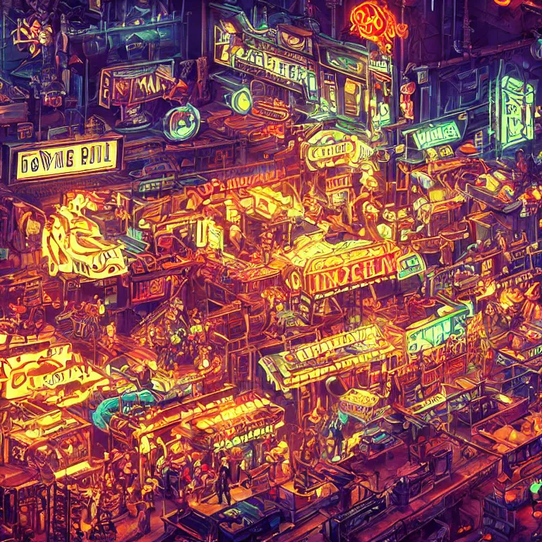 Image similar to fantastic lighting, pixel art, high detail, dieselpunk market, neon lights, 2 d