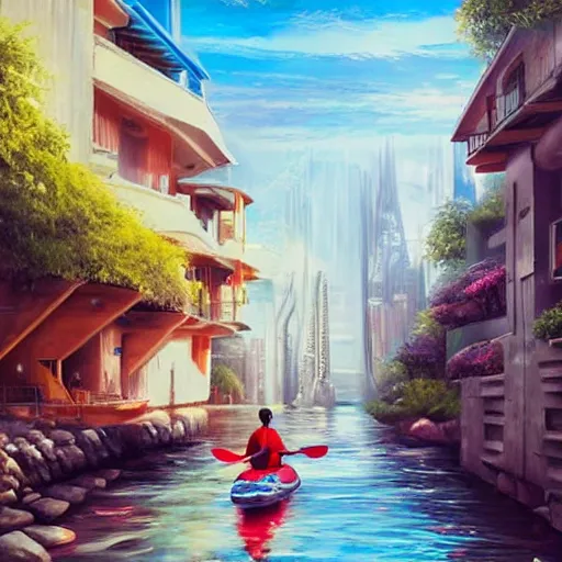 Image similar to Narrow cosy waterway with kayak in futuristic sci-fi city in harmony with nature. Nice colour scheme, soft warm colour. Beautiful detailed painting by Lurid. (2022)