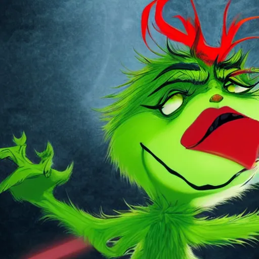 Prompt: The Grinch activates his sharingan, battle scene, anime style, violent, highly detailed, 8k, smooth, sharp