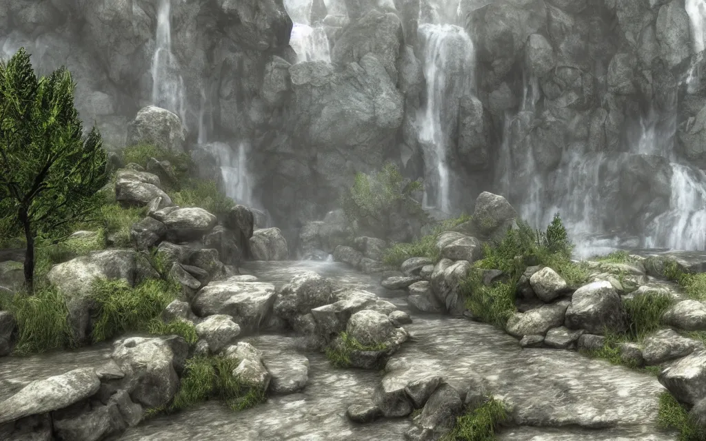 Image similar to a waterfall that flows from a large mountain, a path composed of stone arches, rain, fog, gray clouds. skyrim render realistic