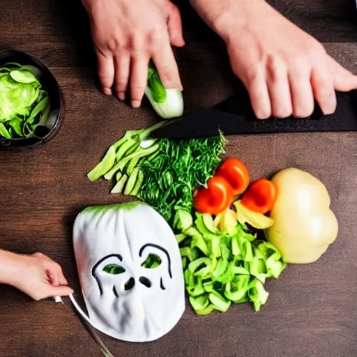Image similar to a person cutting vegetables while wearing ghostface mask