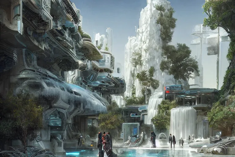Image similar to futuristic cyberpunk city with lush garden at rgb Pamukkale, thermal waters flowing down white travertine terraces, intricate, elegant, luxurious, digital painting, concept art, smooth, sharp focus, from Star Trek 2021, illustration, by WLOP and Ruan Jia and Mandy Jurgens and William-Adolphe Bouguereau, Artgerm